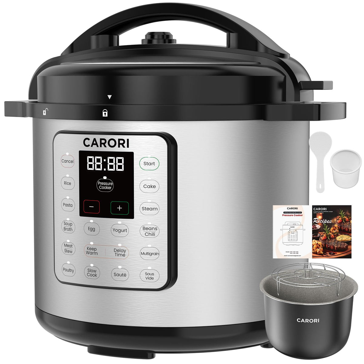 CARORI 3 Qt Electric Pressure Cooker, 8-in-1 Compact Multi-Cooker with Ceramic Nonstick Pot, 700W, Sauté, Slow Cook, Rice, Stew, Delay Start, Keep Warm, Gray
