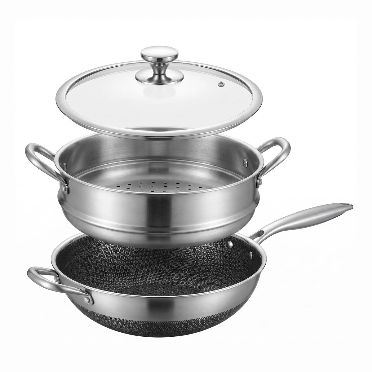 14" Honeycomb Non Stick Wok Pan Stainless Steel Stir-fry Wok with Lid,Skillet with Stay-cool Handle PFOA Free Suitable for Induction, Ceramic, Electric, and Gas Cooktops (Sliver, 14 Inches)