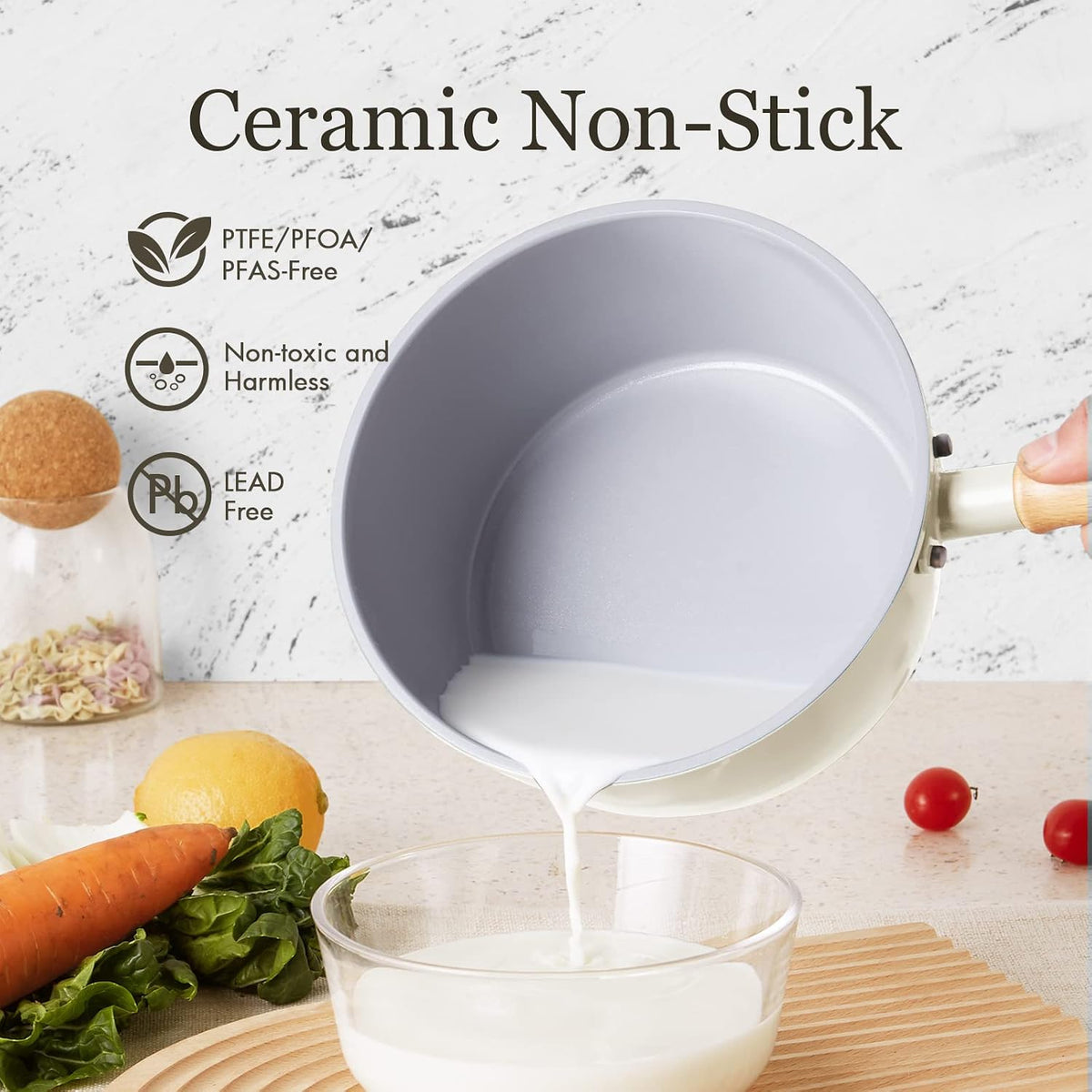 ROCKURWOK Non Stick Sauce Pan with Steamer, 2.5QT Small Pot, Beige White