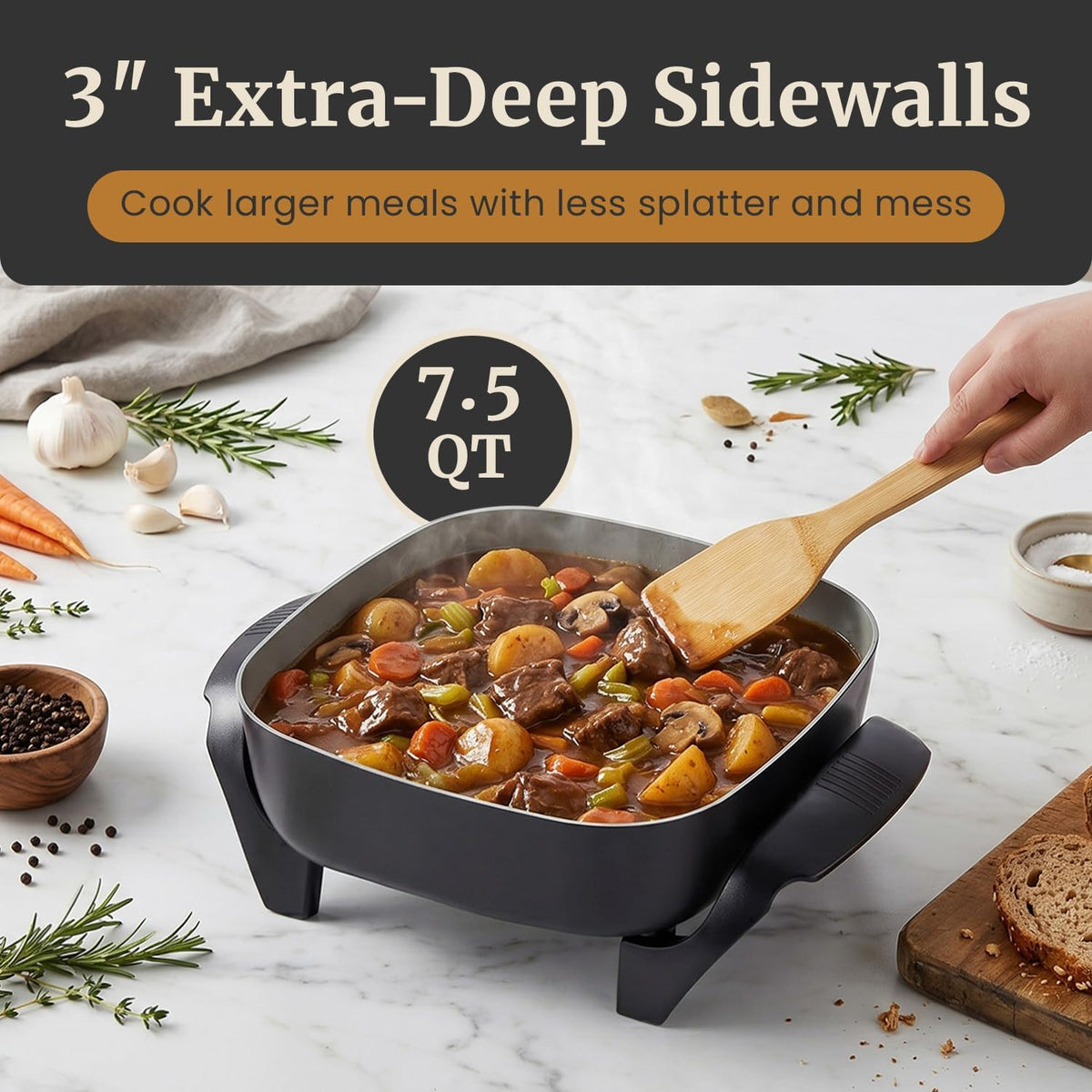 Elite Gourmet 12" PFAS-Free Ceramic Electric Skillet, 1200W, Extra-Deep