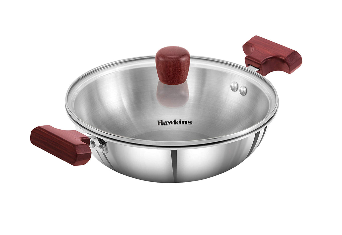 Hawkins 2.5 Litre Deep Fry Pan, Triply Stainless Steel Kadai with Glass Lid, Flat Bottom Induction Kadhai, Silver (SSD25G)