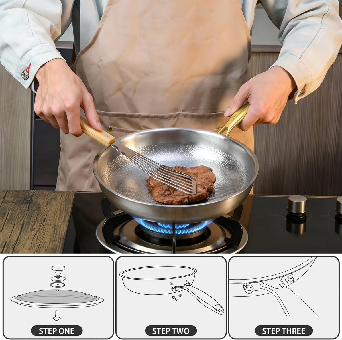 MGahyi 12 Inch Titanium Hammered Wok Pan Uncoated Skillet with Glass Lid