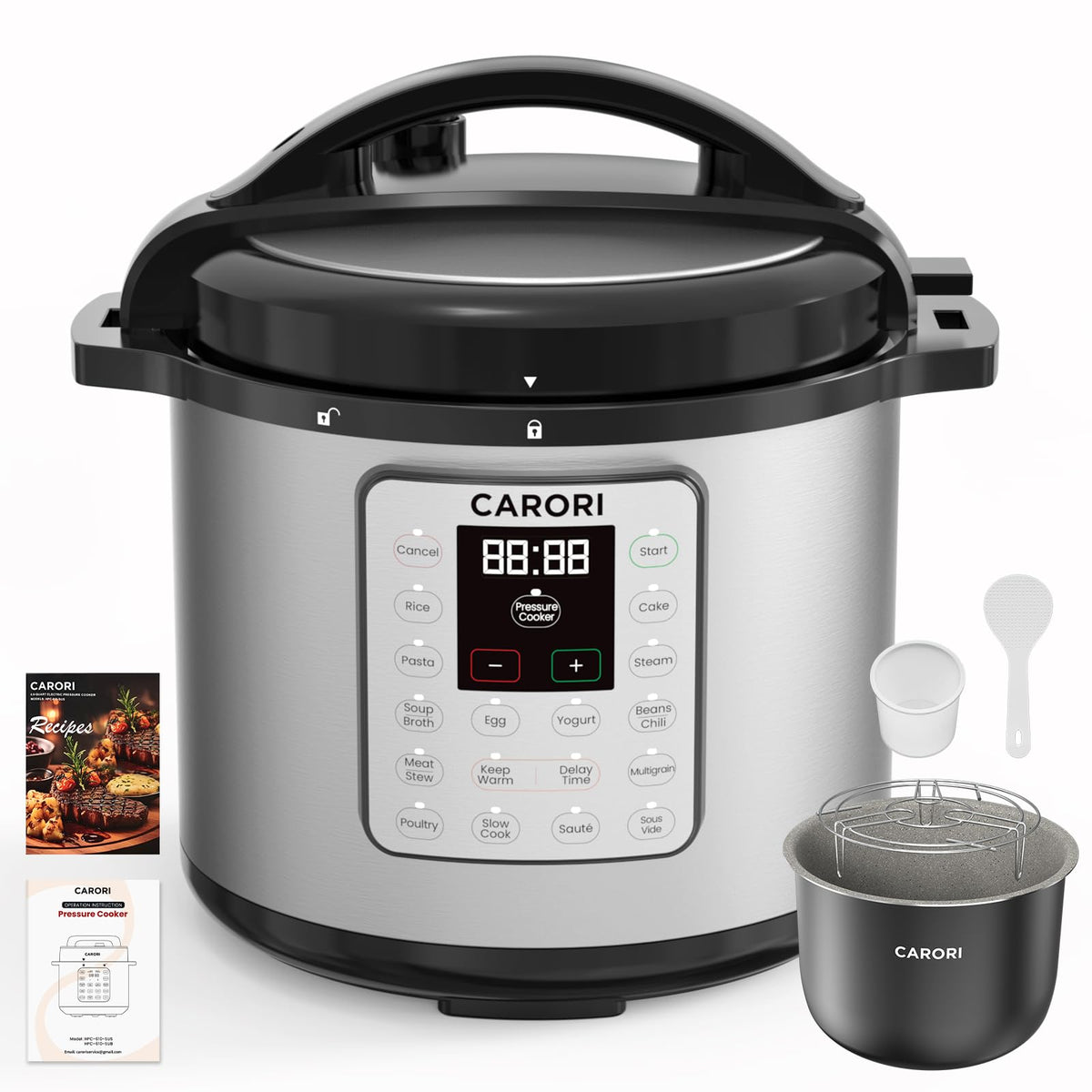 CARORI 3 Qt Electric Pressure Cooker, 8-in-1 Compact Multi-Cooker with Ceramic Nonstick Pot, 700W, Sauté, Slow Cook, Rice, Stew, Delay Start, Keep Warm, Gray