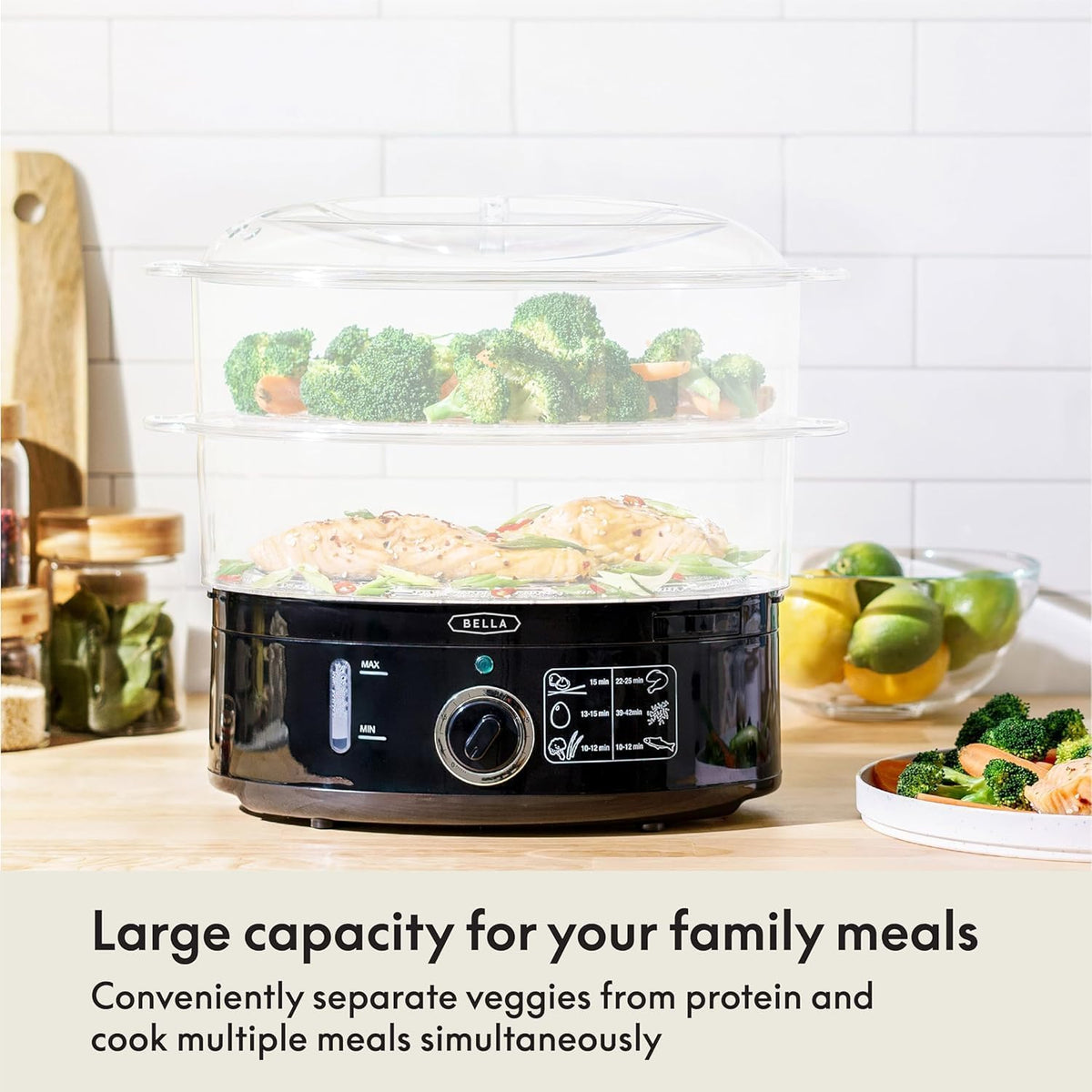 bella Two Tier Food Steamer with Stackable Baskets, Black