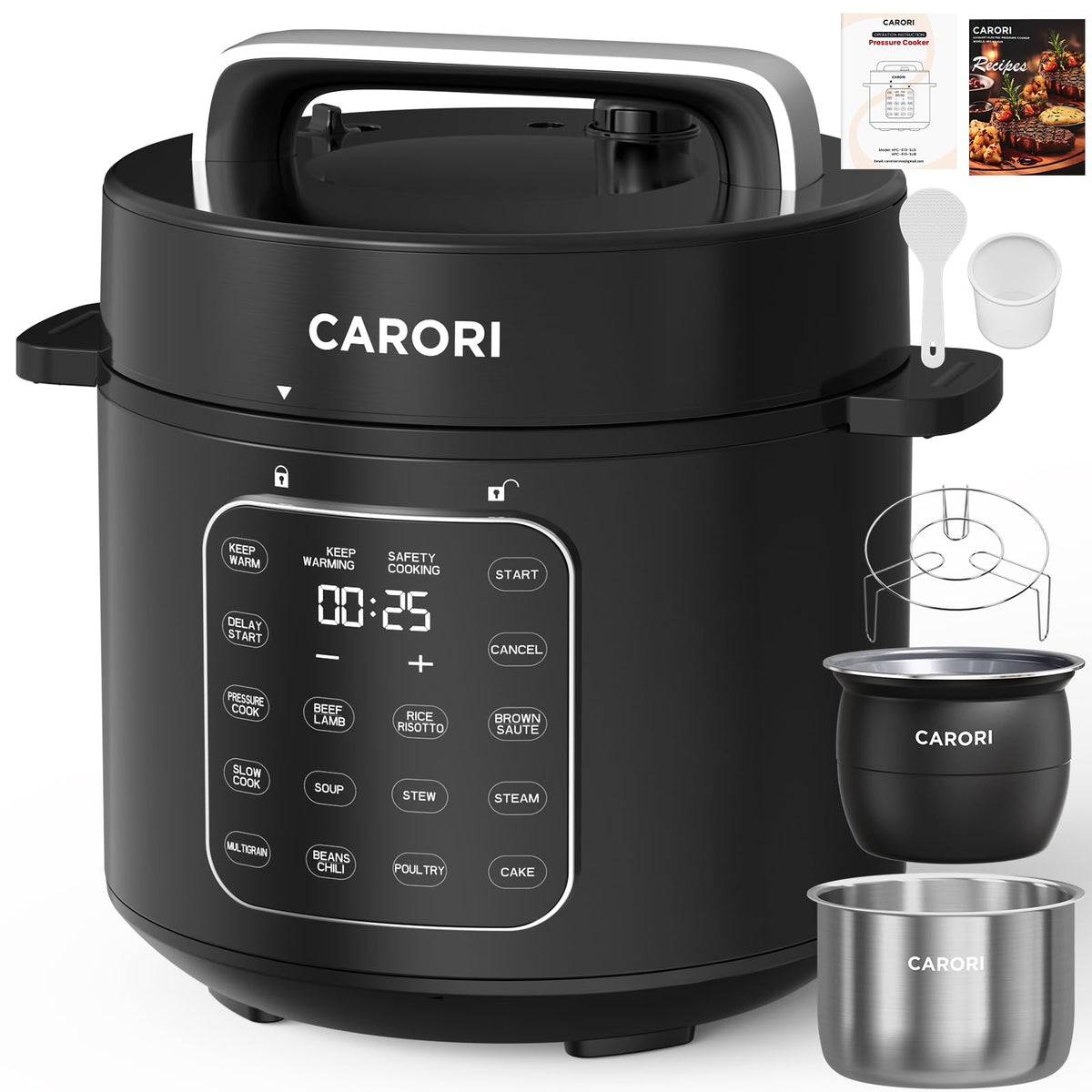 CARORI 3 Qt Electric Pressure Cooker, 8-in-1 Compact Multi-Cooker with Ceramic Nonstick Pot, 700W, Sauté, Slow Cook, Rice, Stew, Delay Start, Keep Warm, Gray