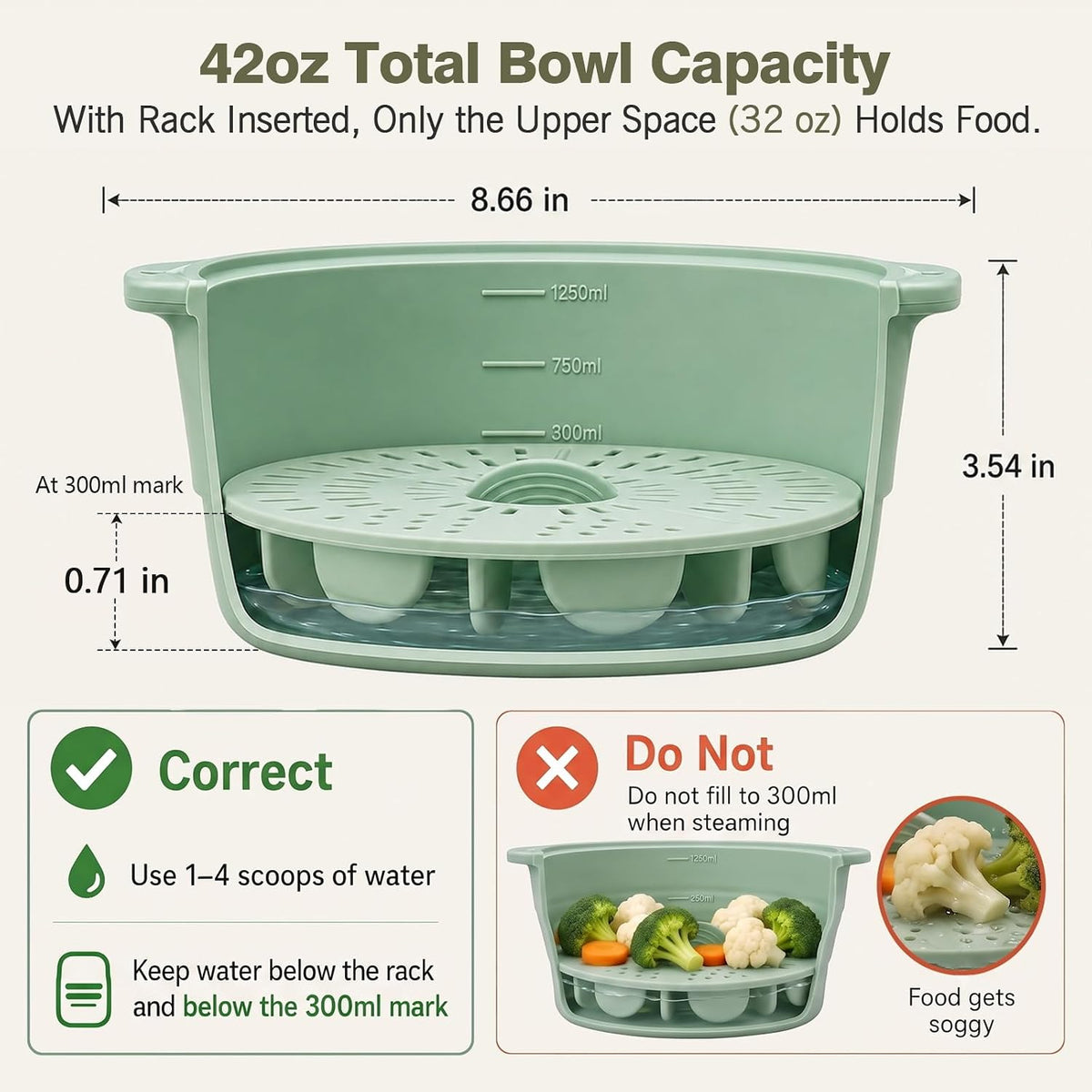 42oz Collapsible Silicone Microwave Steamer for Vegetables, Green