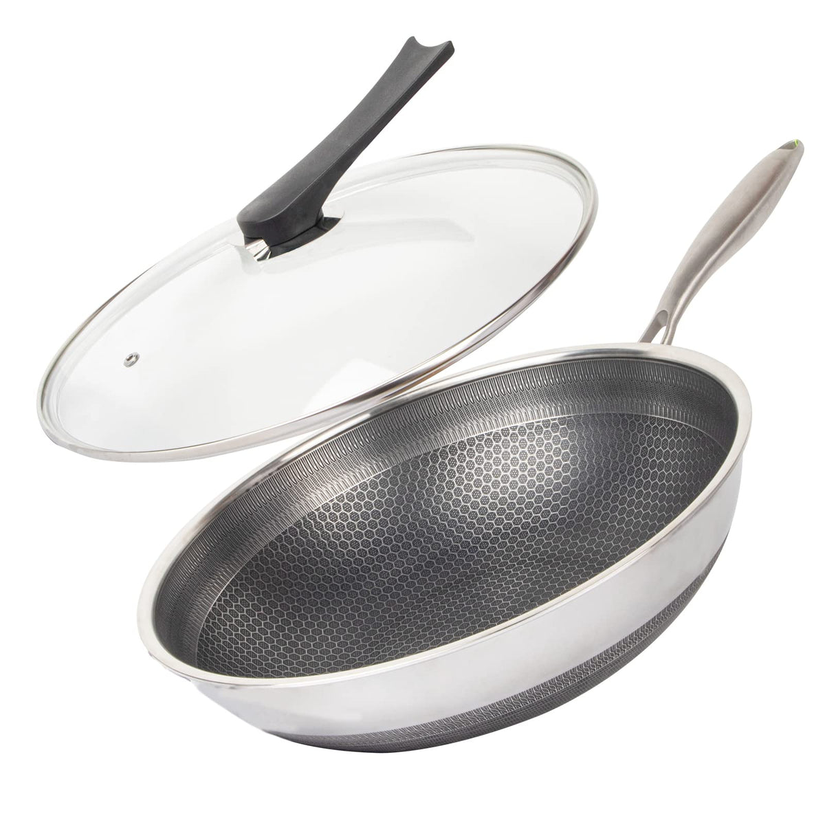 14" Honeycomb Non Stick Wok Pan Stainless Steel Stir-fry Wok with Lid,Skillet with Stay-cool Handle PFOA Free Suitable for Induction, Ceramic, Electric, and Gas Cooktops (Sliver, 14 Inches)