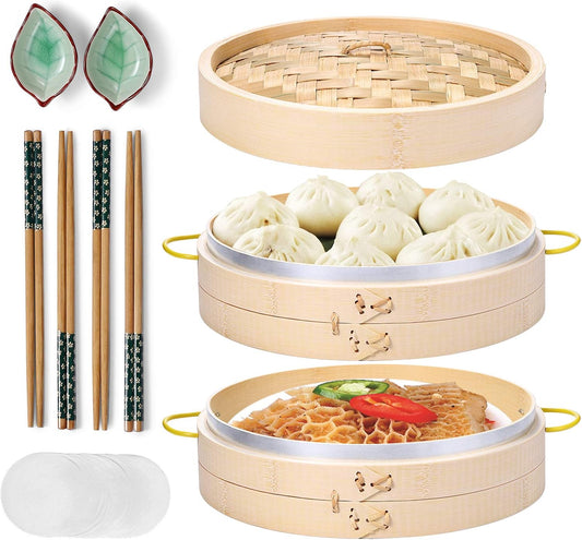 MacaRio 10 Inch Bamboo Steamer Basket Set Dumpling Steamer for Cooking