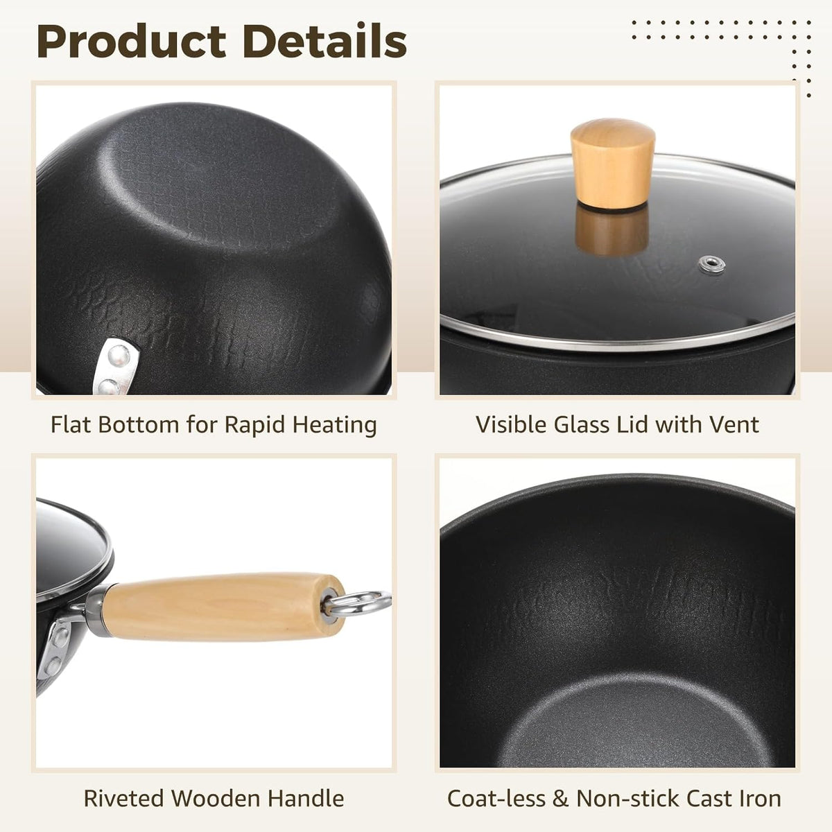 Small Wok with Lid, Mini Wok, 8" Non-stick Mini Frying Pan, Compact, Coating-less, Cast Iron Wok with Wooden Handle, Compatible with Induction, Gas, Ceramic Stove