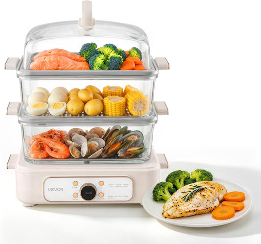 VEVOR Electric Food Steamer 10.6 QT Glass with 3-Tier Stainless Steel Trays, 1200W Vegetable Steamer for Cooking, 2-4 Servings, Pre-Programmed Settings, Delay Start, for Veggies, Seafood & Rice, White