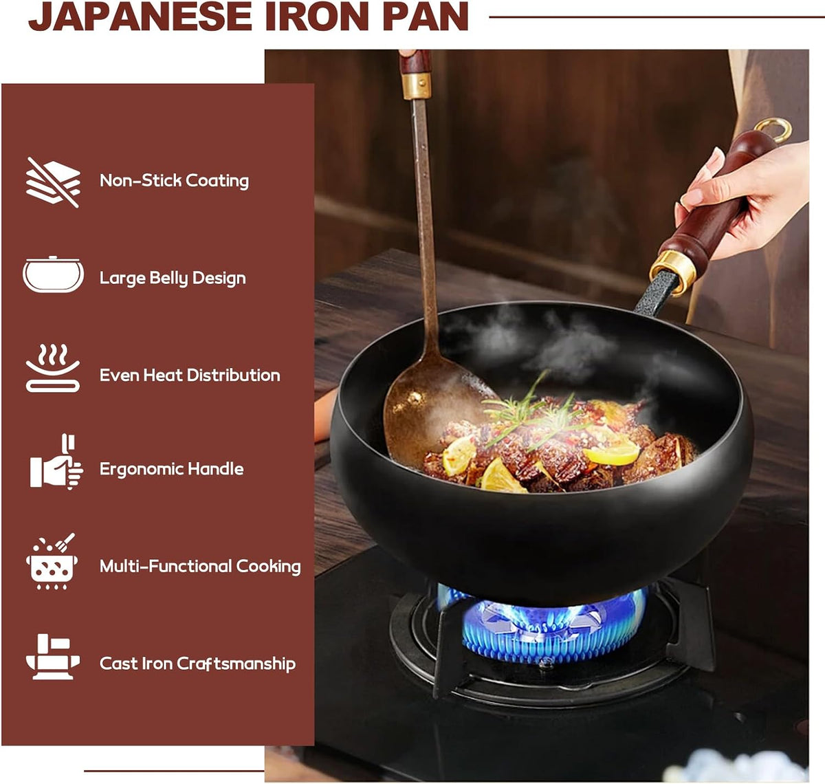 Gugxiom Suntuup Japanese Iron Pan, 28cm/11in Cast Iron Wok (Glass lid)