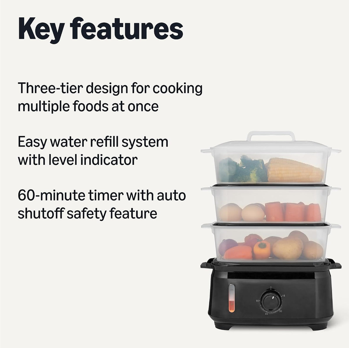 Amazon Basics Electric Food Steamer for Cooking Vegetables, 3-Tier Design, 60-Minute Timer with Auto Shutoff, Easy Water Refill System, BPA-Free, 9.5 QT, Black