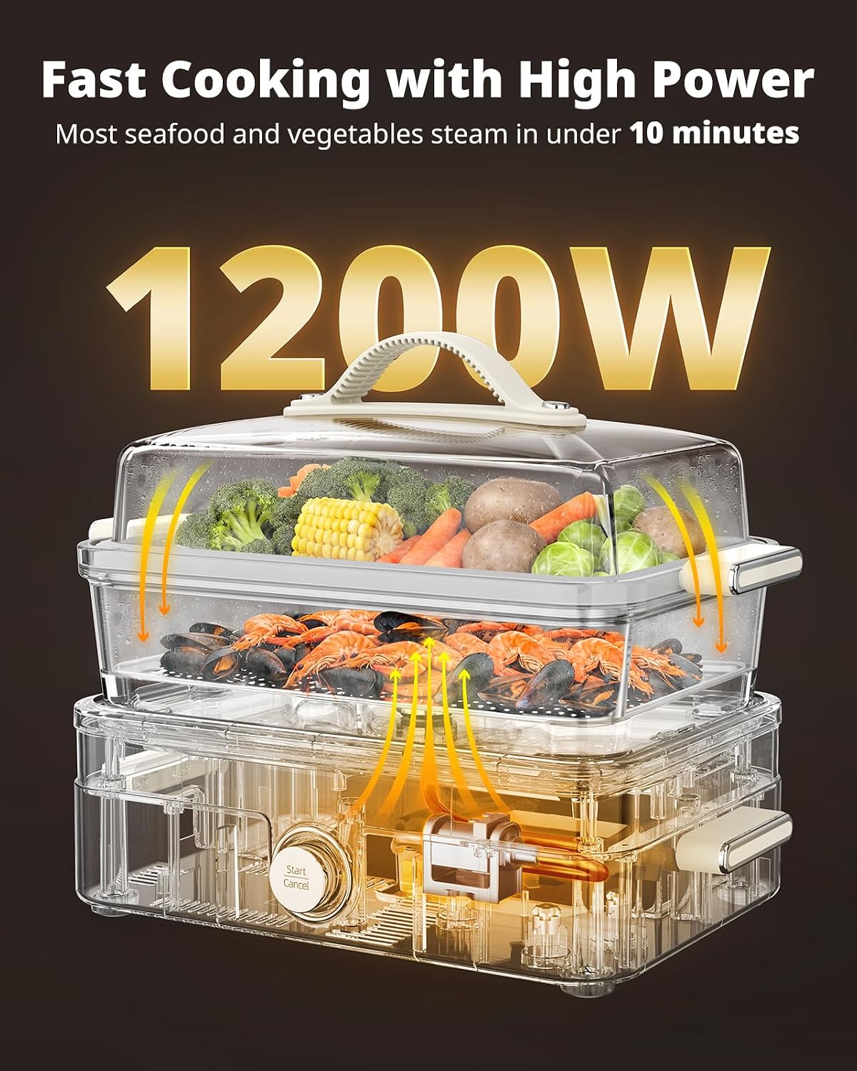 AIRMSEN Glass Food Steamer for Cooking | 8.5QT 2-Tier & External Water Tank