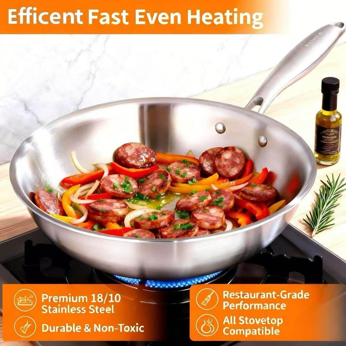 DELARLO Tri-Ply Stainless Steel Woks, 12 Inch Healthy Non-Toxic Cooking Wok Pan with Lid, Wide & Deep Cookware Stir-Fry Pans, Dishwasher and Oven Safe Up To 600°F, Works on Induction，Detachable Handle