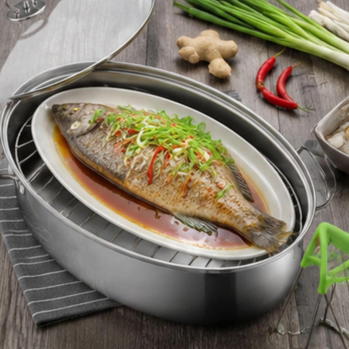 Stainless Steel Fish Steamer Set,Multi-Use Oval Steamer Pot with Glass Lid Rack, Ceramic Plate, Chuck, Steaming Pot for Fish, Oyster,Boiling Soup 15 x 9.8 inches