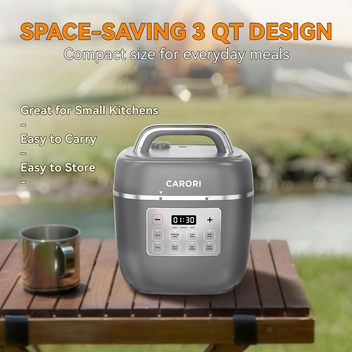 CARORI 3 Qt Electric Pressure Cooker, 8-in-1 Compact Multi-Cooker with Ceramic Nonstick Pot, 700W, Sauté, Slow Cook, Rice, Stew, Delay Start, Keep Warm, Gray