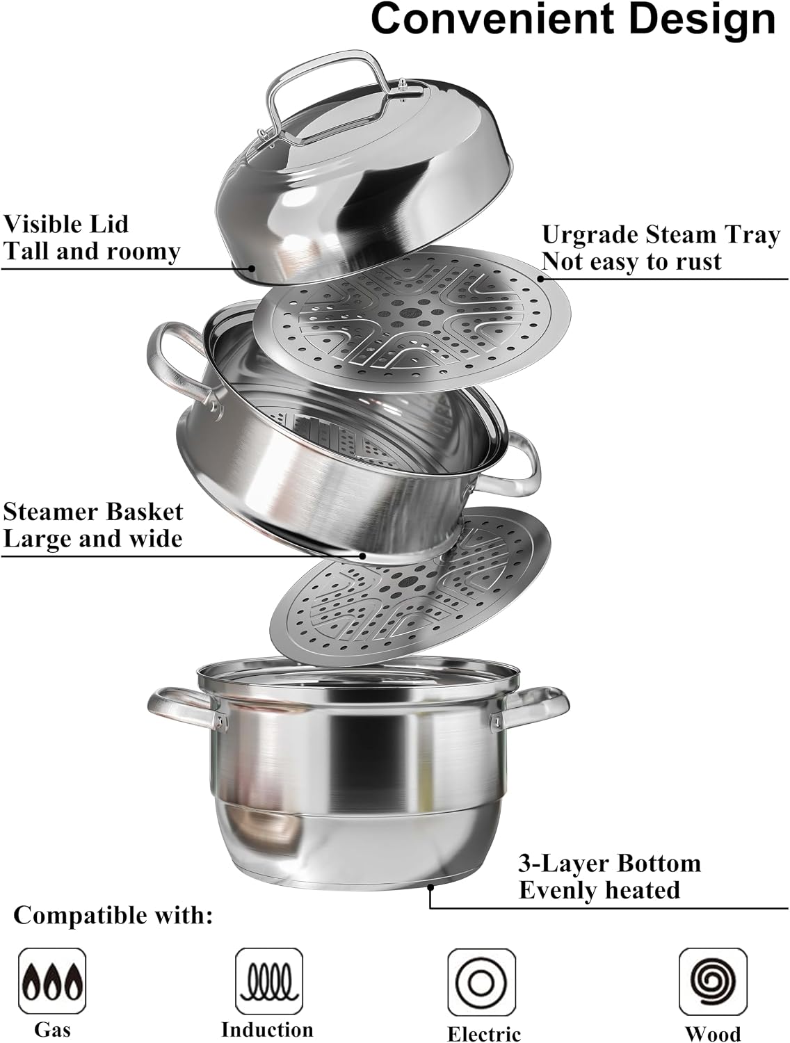VENTION 3 Tier Induction Steamer Pot for Cooking, 13.4 Inch(34cm), 14.7 Qt