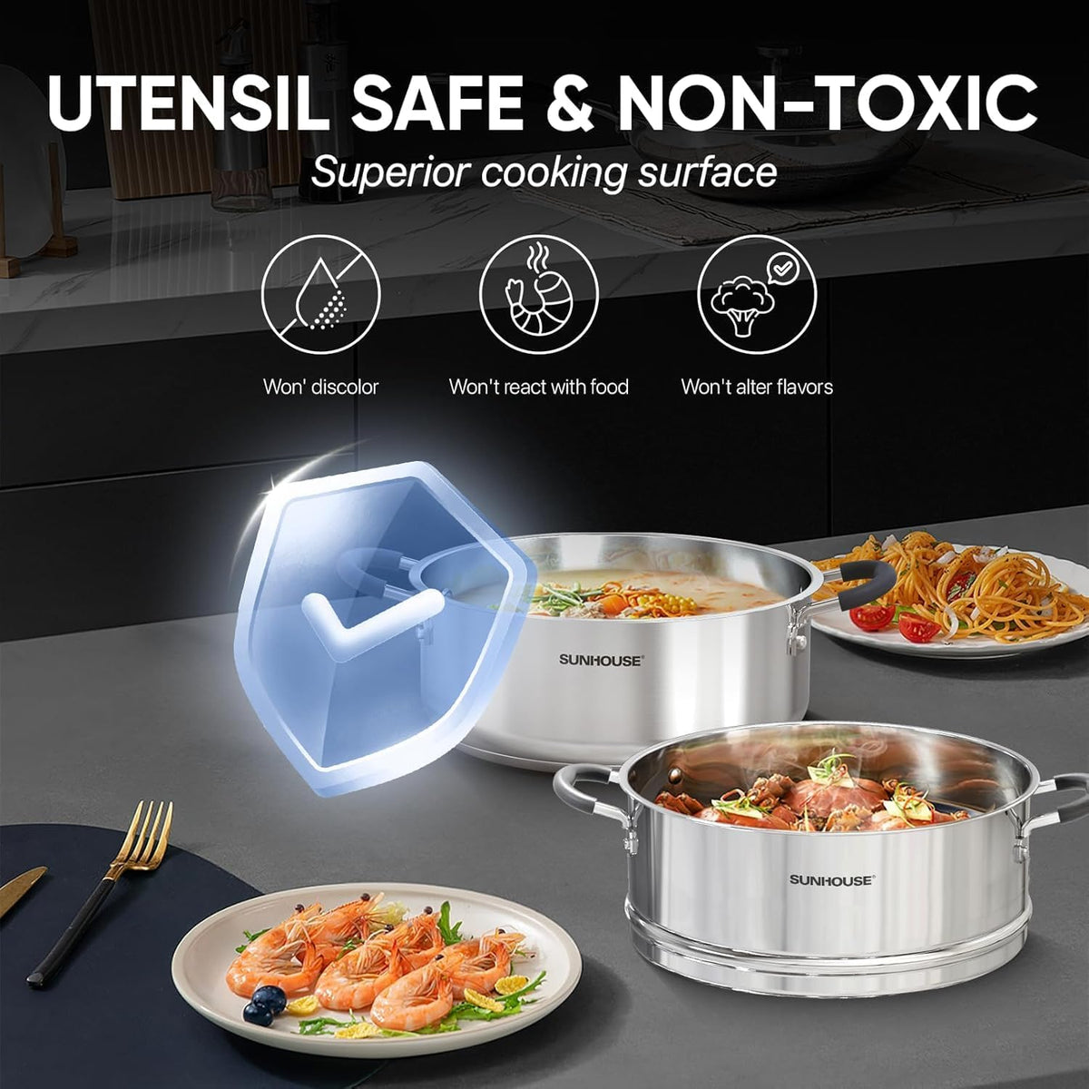 SUNHOUSE 4.6 QT Stainless Steel Steamer Pot for Cooking with Glass Lid