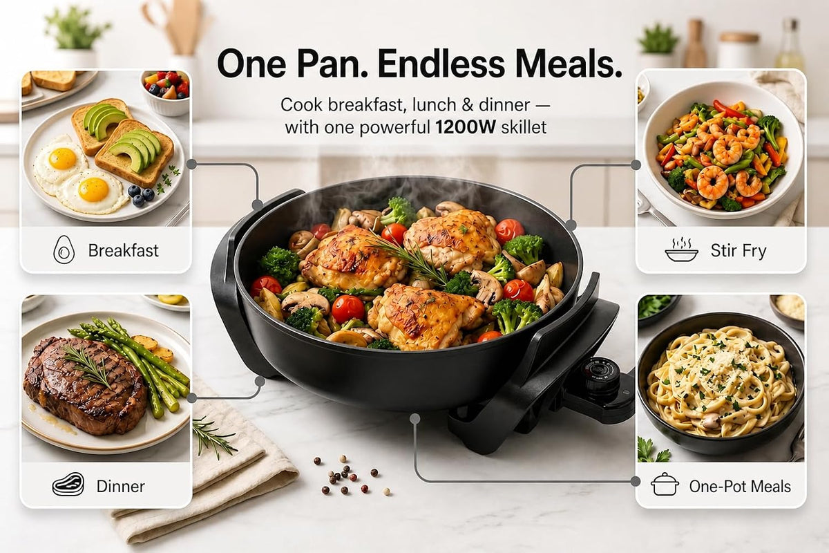 Moss & Stone Round Electric Skillet with Lid, 12-Inch Nonstick Frying Pan