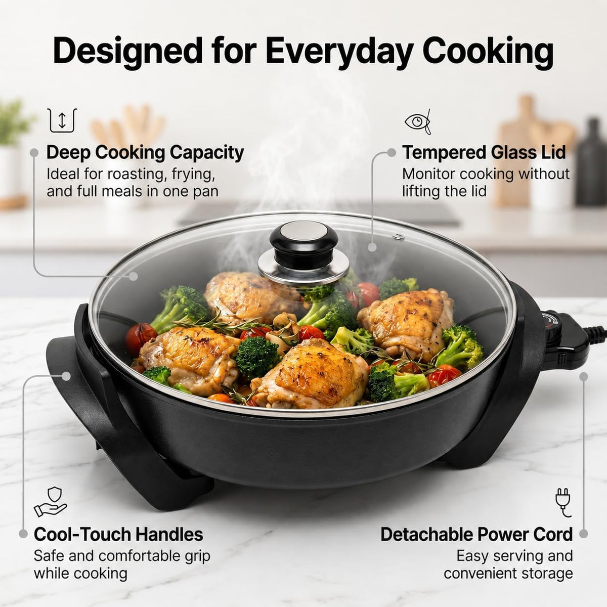Moss & Stone Round Electric Skillet with Lid, 12-Inch Nonstick Frying Pan