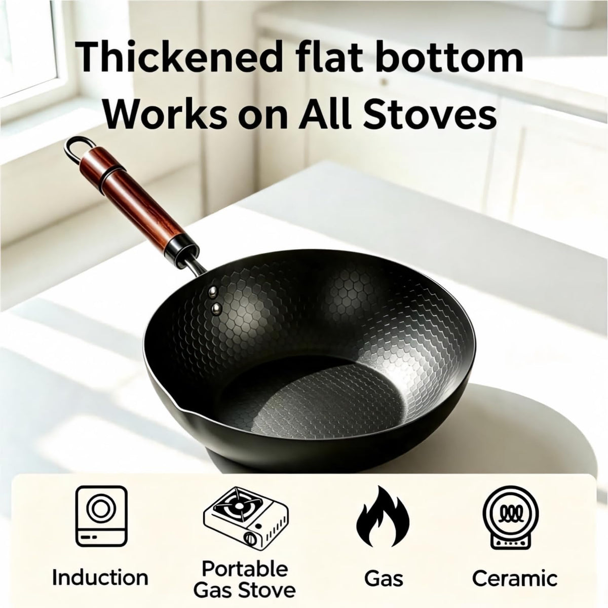 Amercook 12 Inch Carbon Steel Wok with Lid, Pre-Seasoned Flat Bottom Wok Pan, 5.5QT Nonstick Chinese Woks & Stir-Fry Pans for Induction, Gas, Electric Stovetop, Uncoated No Chemical (12.60-in)