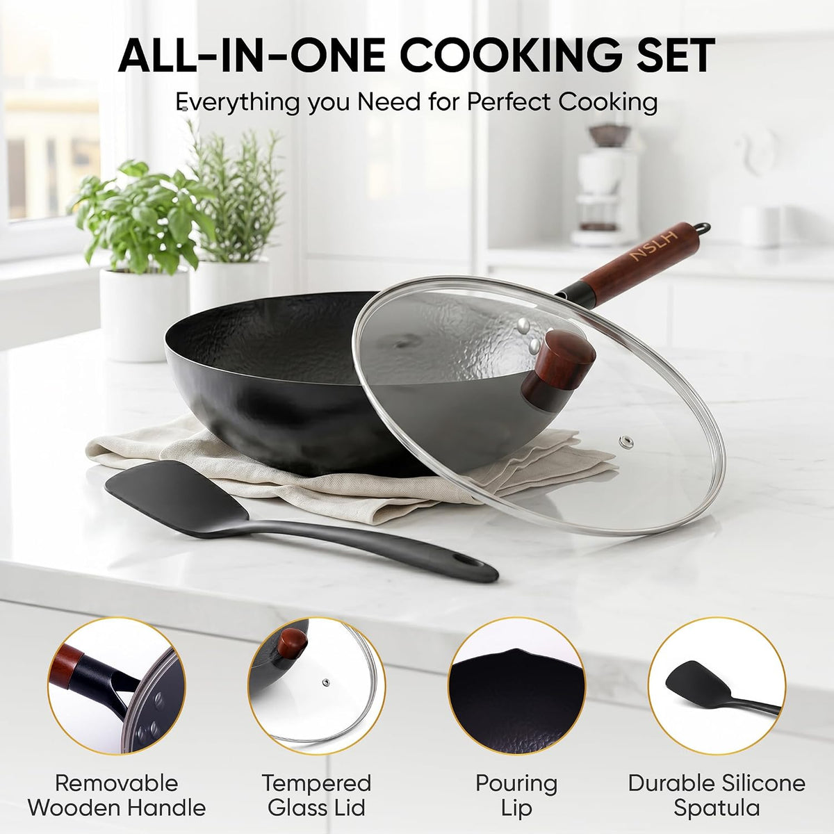 12.6 Inch Carbon Steel Wok Pan with Glass Cover, Pre-Seasoned Flat Bottom Wok for Chinese Cooking, Woks & Stir-Fry Pans Cookware, Compatible with Induction, Electric, Gas & Halogen
