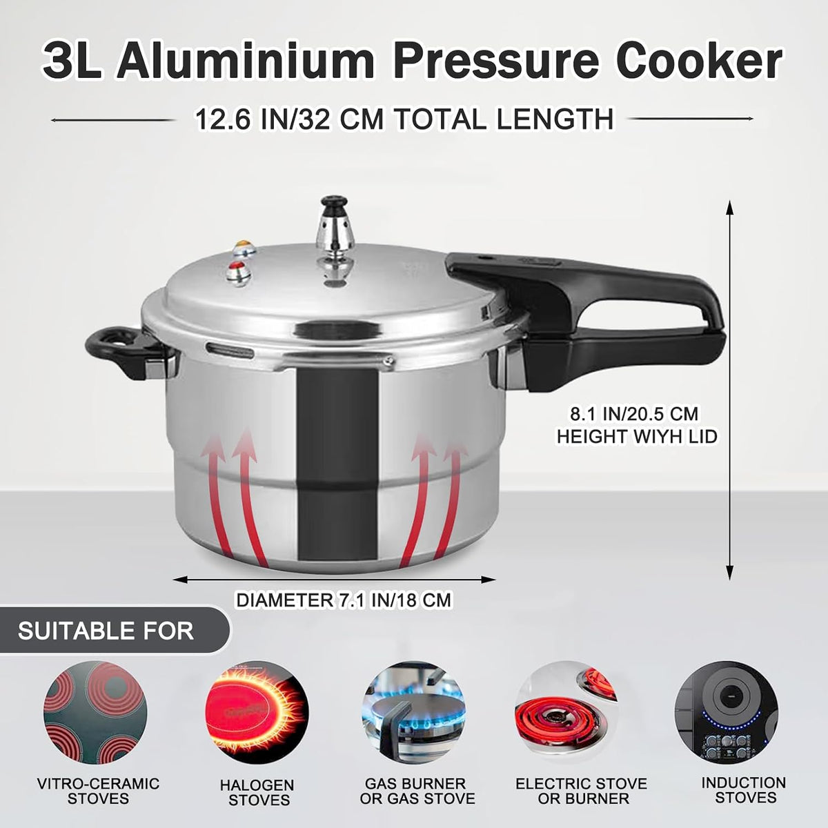 Small Pressure Cooker 3 Quart，Aluminum Pressure Cooker Compatible with Gas & Induction Cooker Fast Cooking Pot Even Heat Distribution for 1-2 People