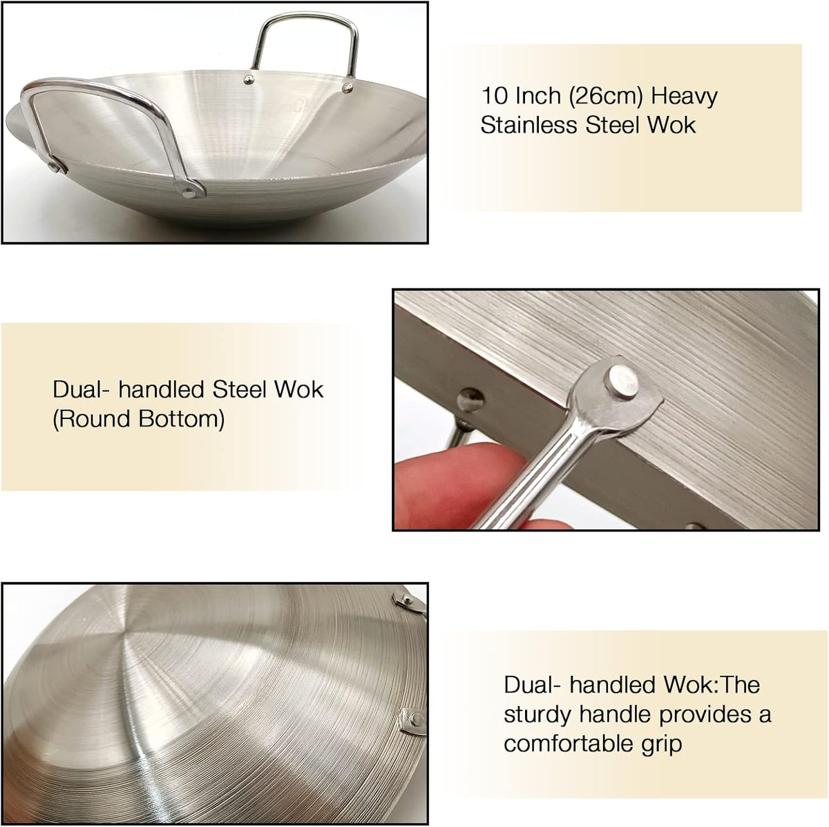 MDEOOSKY 26cm/10.23in Wok Thickened Stainless Steel Wok Pan Dual-Handled Frying Pan for Chinese Style Stir-Fry, Restaurant, Stove Top