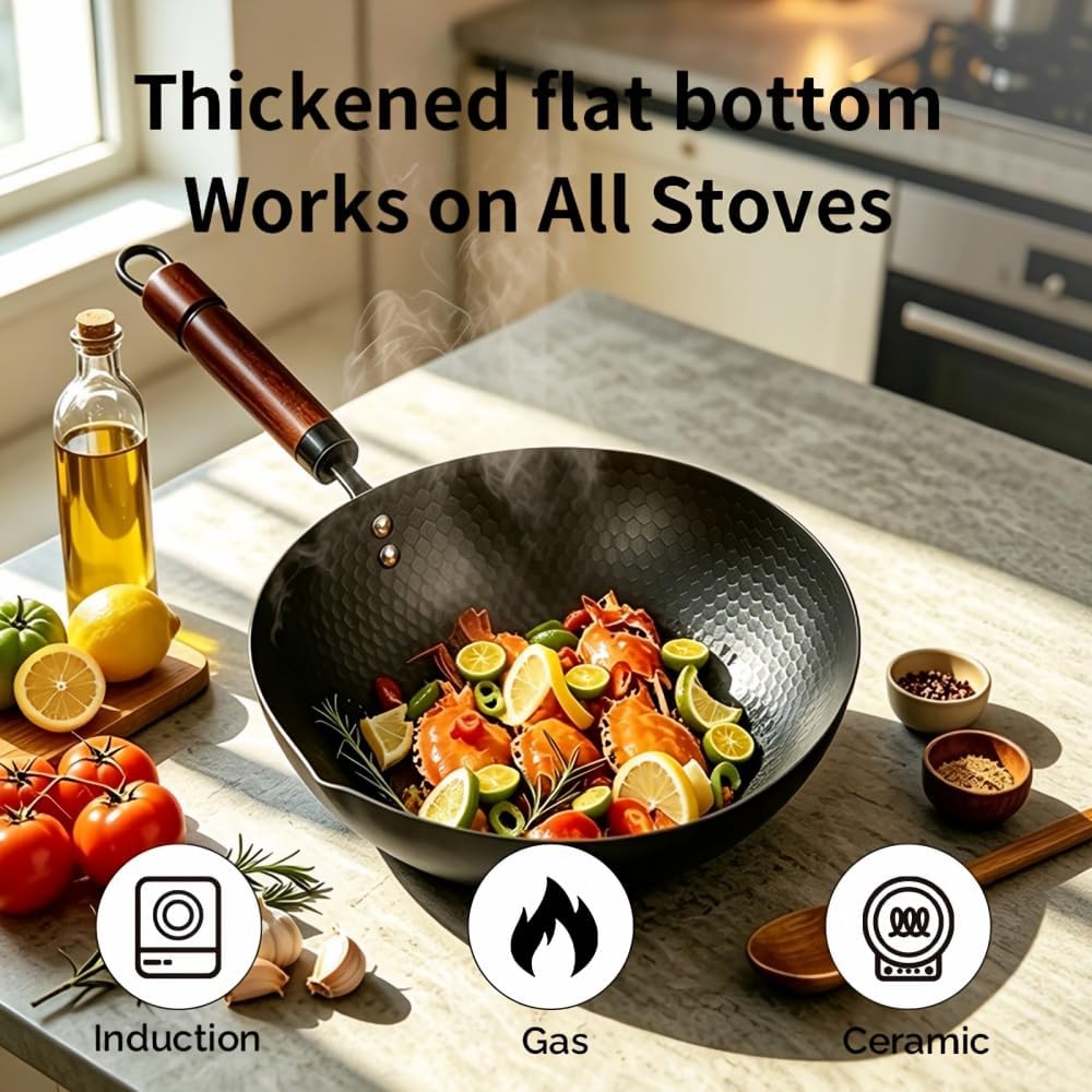 Amercook Cast Iron Wok, Frying Pan, Chinese Wok, Flat Bottom Cookware, Non-Stick Easy To Clean For Frying, Stir-Frying, Cooking, PFOA-Free, Dishwasher Safe Compatible With All Kitchen (12.59-in)