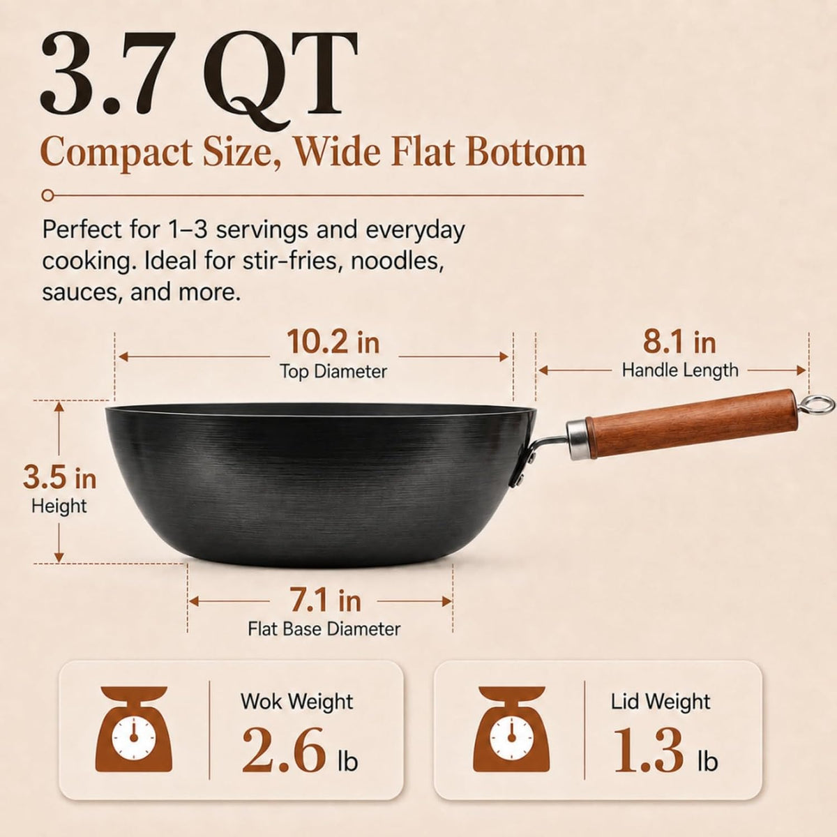 10.2-Inch Carbon Steel Wok Frying Pan with Lid, Flat Bottom