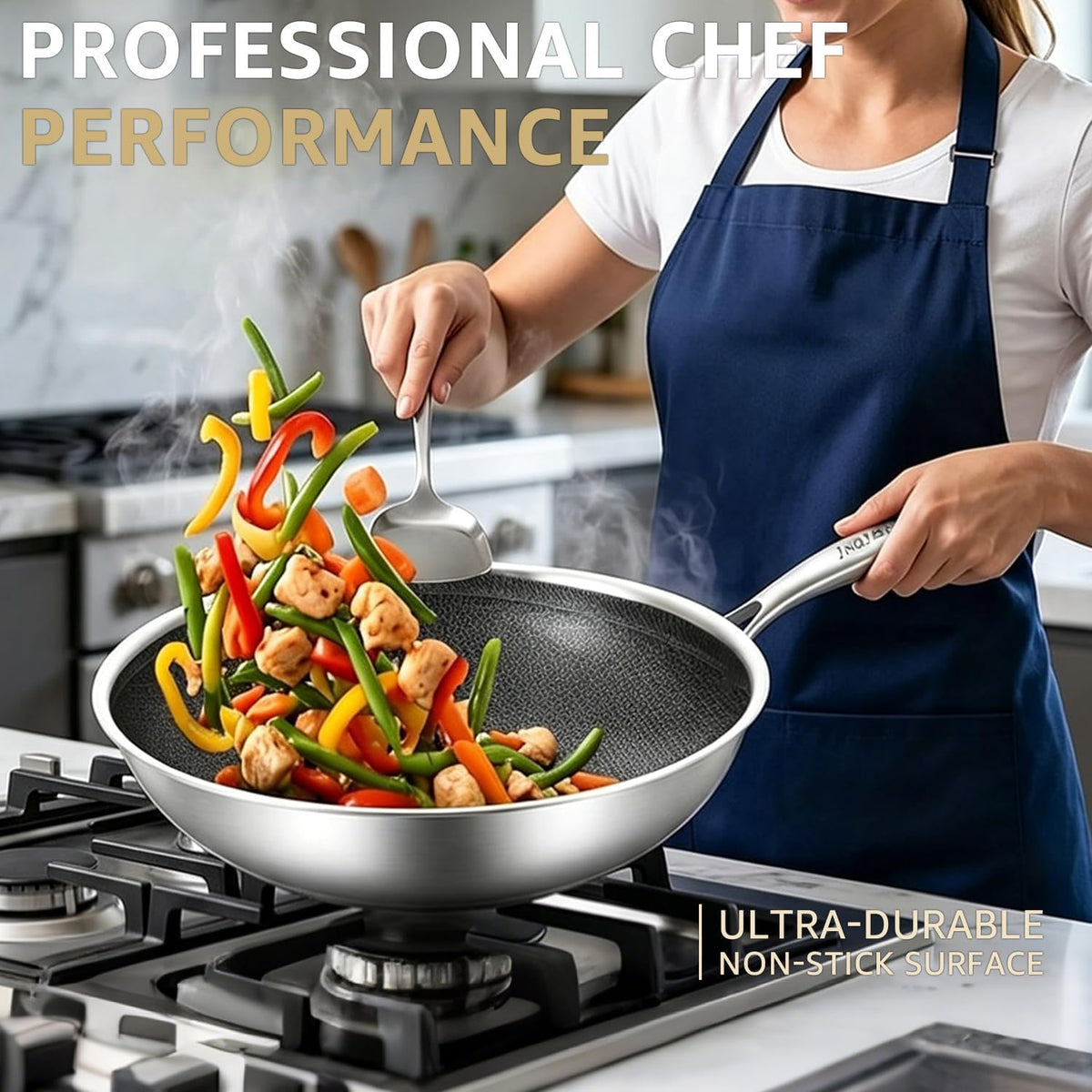 Inqibee 12.5 Inch Hybrid Stainless Steel Wok Pan with Lid, Ceramic Coating
