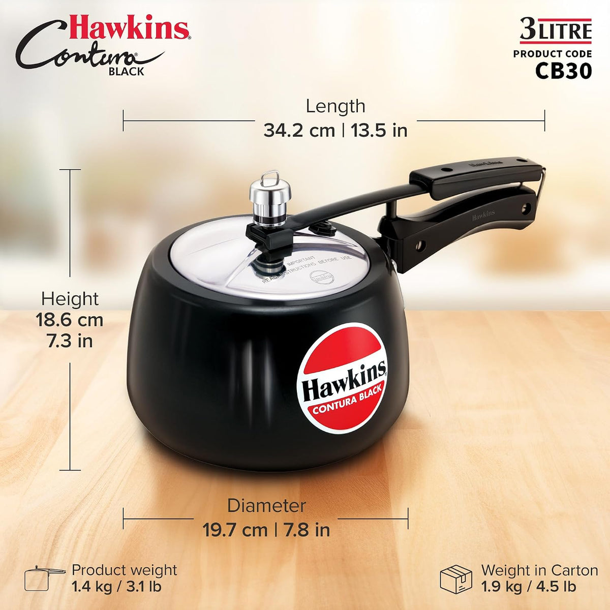 Hawkins 3 Litre Contura Black Pressure Cooker, Hard Anodised Inner Lid Cooker, Handi Cooker, Black (CB30)