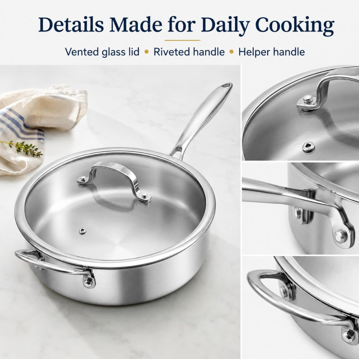 WANGYUANJI 11 Inch Tri-Ply Stainless Steel Saute Pan with Glass Lid, 4.7 QT Deep Skillet for 3–4 Servings, 18/10 304 Interior, Induction Compatible, Oven & Dishwasher Safe