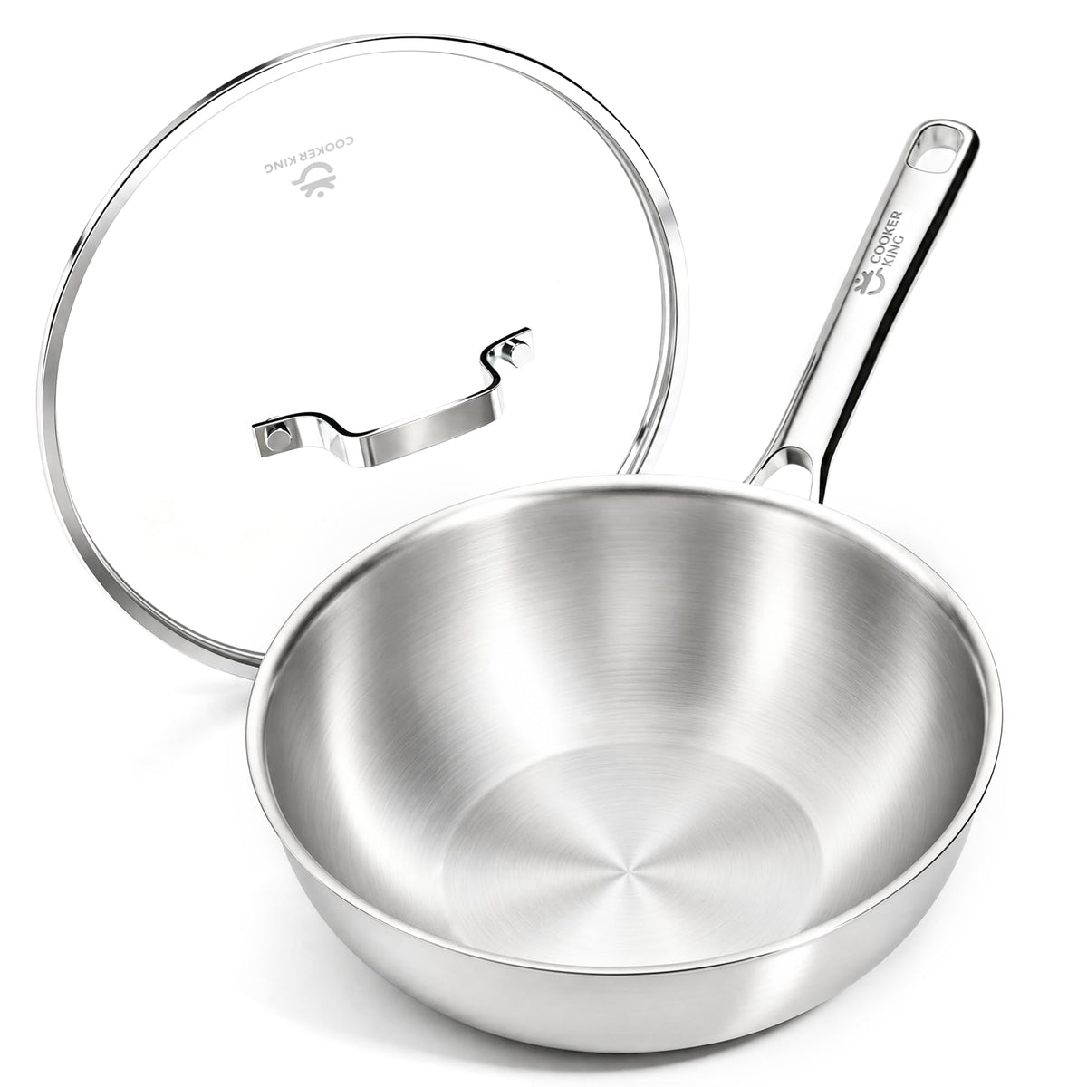 COOKER KING 10" Wok Pan with Lid, Stainless Steel Deep Skillet for Stir-Fry
