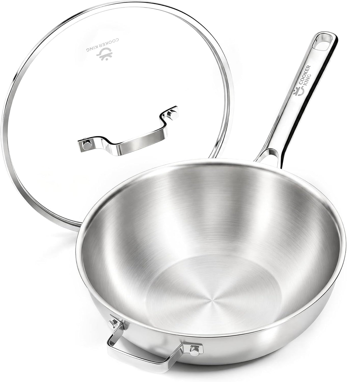 COOKER KING 11" Wok Pan with Lid, Stainless Steel Deep Skillet for Stir-Fry