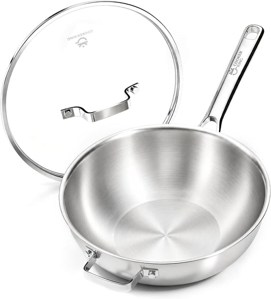 COOKER KING 11" Wok Pan with Lid, Stainless Steel Deep Skillet for Stir-Fry
