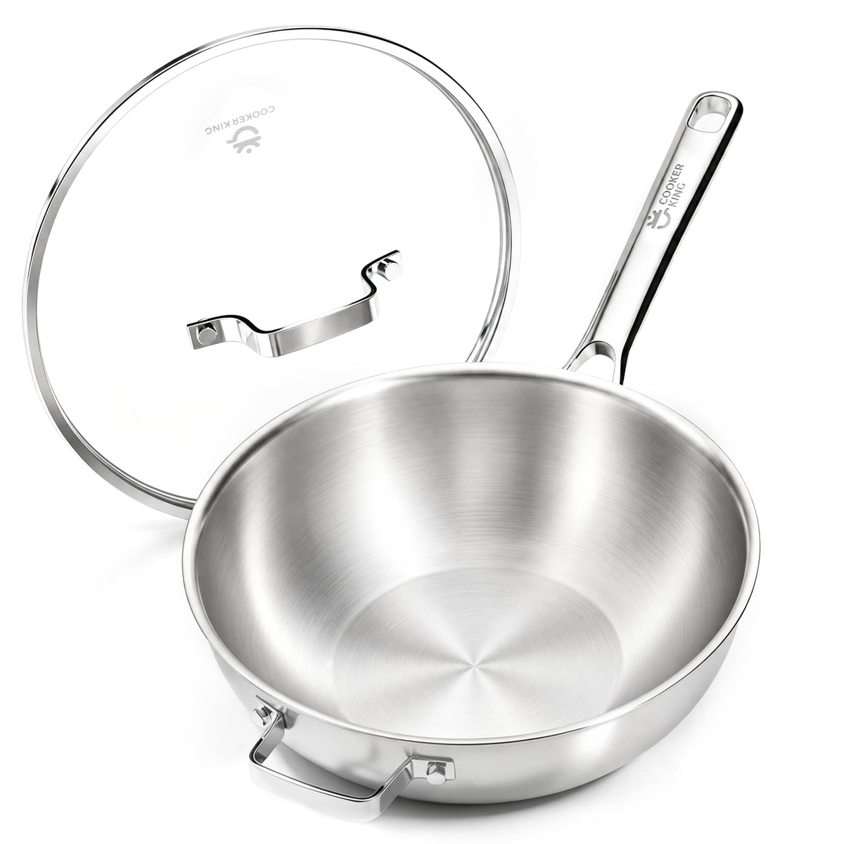 COOKER KING 10" Wok Pan with Lid, Stainless Steel Deep Skillet for Stir-Fry