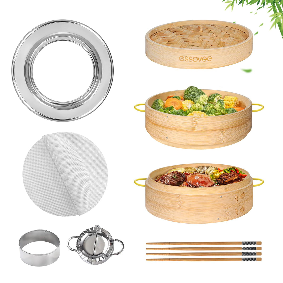 Bamboo Steamer 2 Tier 10-Inch Steaming Basket, Bun Vegetable Steam, Dumpling Steamer Bamboo Steam Basket, Chopsticks, Reusable Silicone Liner, Ring Adapter, for Chinese Asian Cuisine