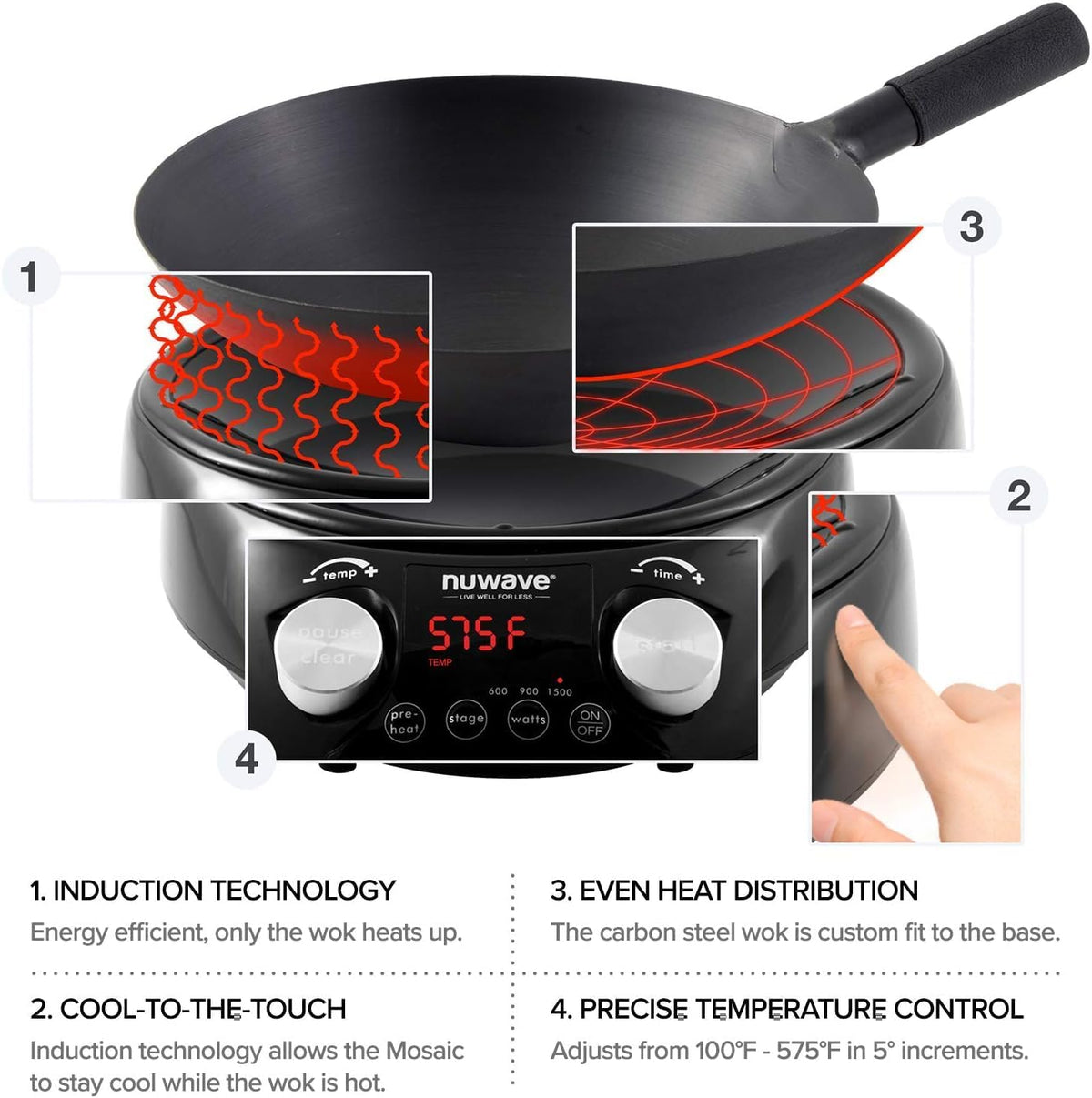Nuwave Induction Wok, 3 Wattages 600, 900 & 1500, 100°F-575°F in 5°F