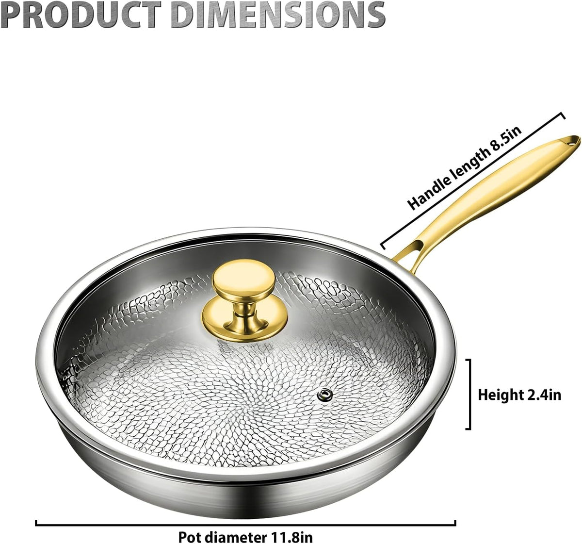 MGahyi 12 Inch Titanium Hammered Wok Pan Uncoated Skillet with Glass Lid