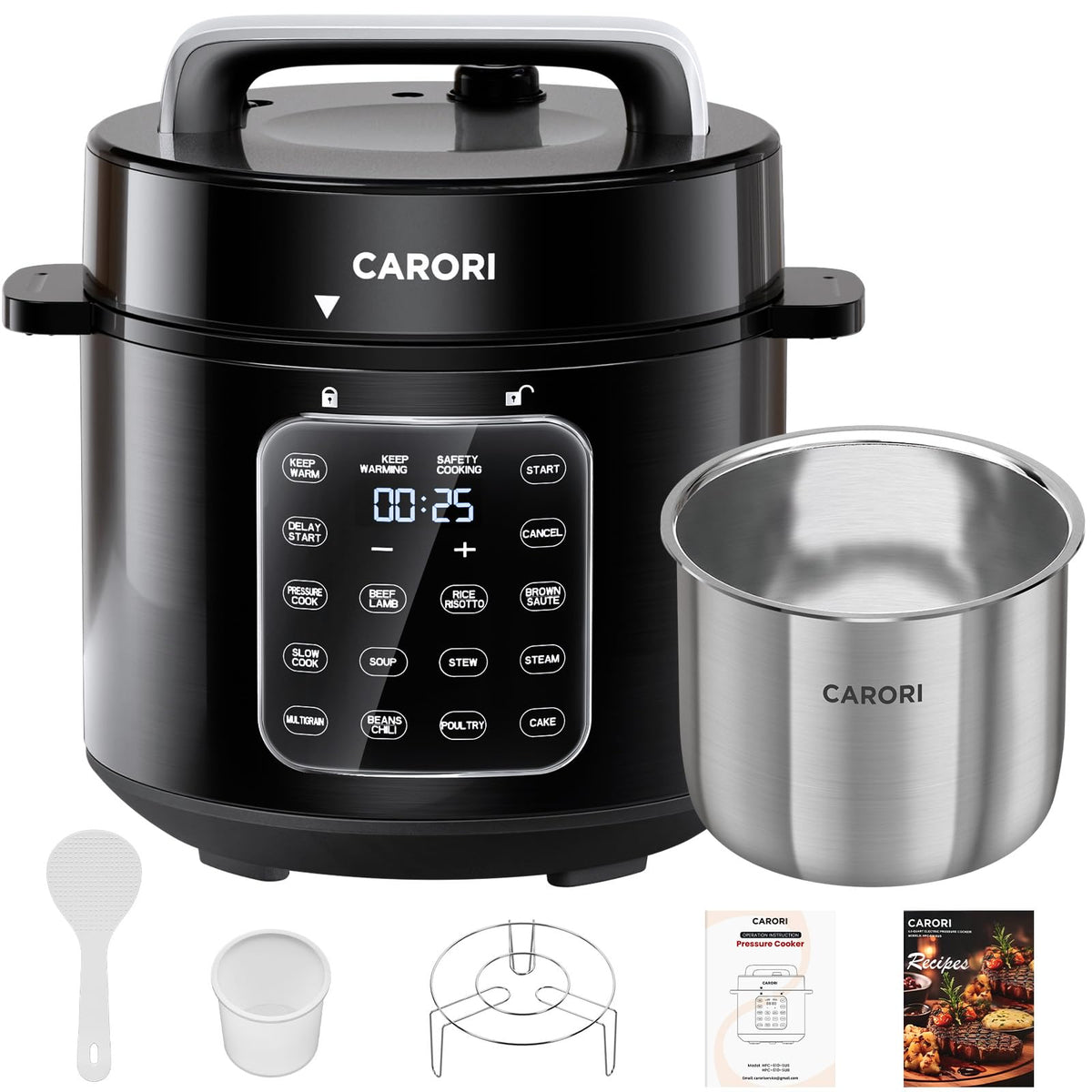 12-in-1 Electric Pressure Cooker 8 Quart, 1200W olla de presion Multi-Cooker with Stainless Steel Pot, Slow Rice Cooker, Saute, Steamer, Yogurt & Food Warmer, Delay Timer, Black