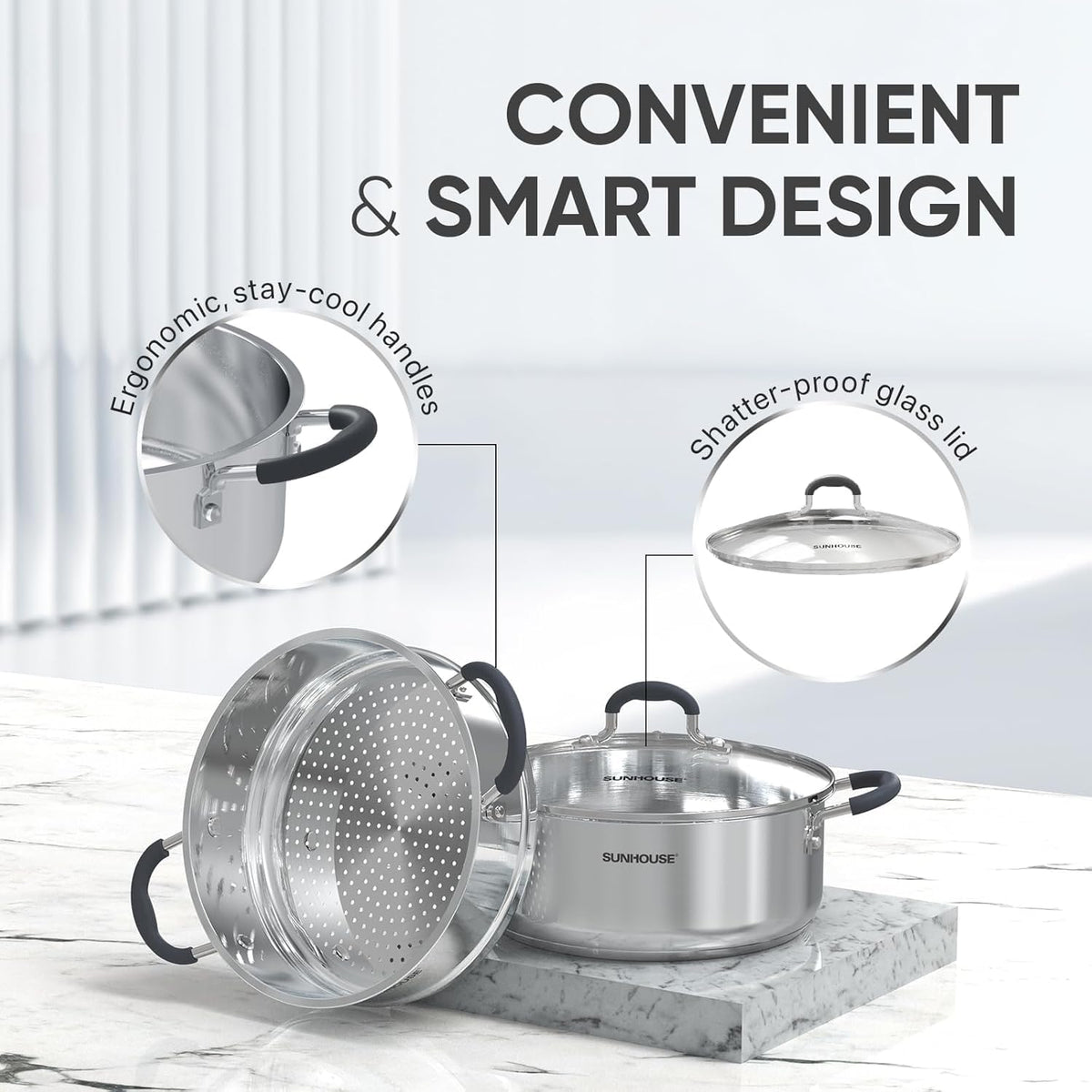 SUNHOUSE 4.6 QT Stainless Steel Steamer Pot for Cooking with Glass Lid