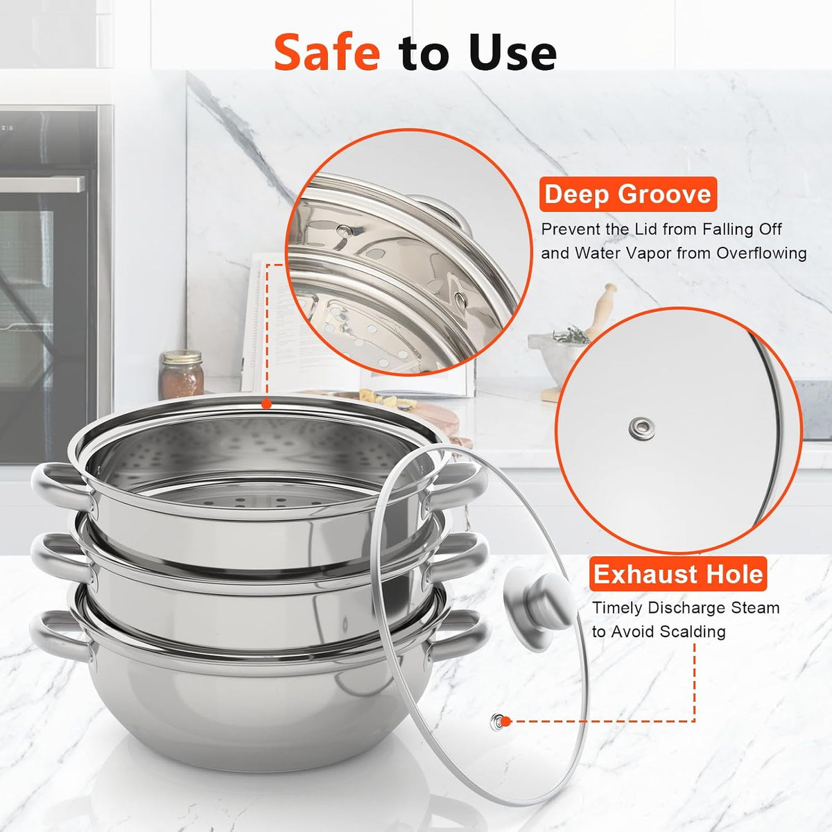 3-Tier Stainless Steel Steamer for Cooking, 28cm Multipurpose Food Steaming Cookware with Lid, Dishwasher for Seafood Vegetables Rice Compatible with Gas Electric Induction & Halogen Stoves
