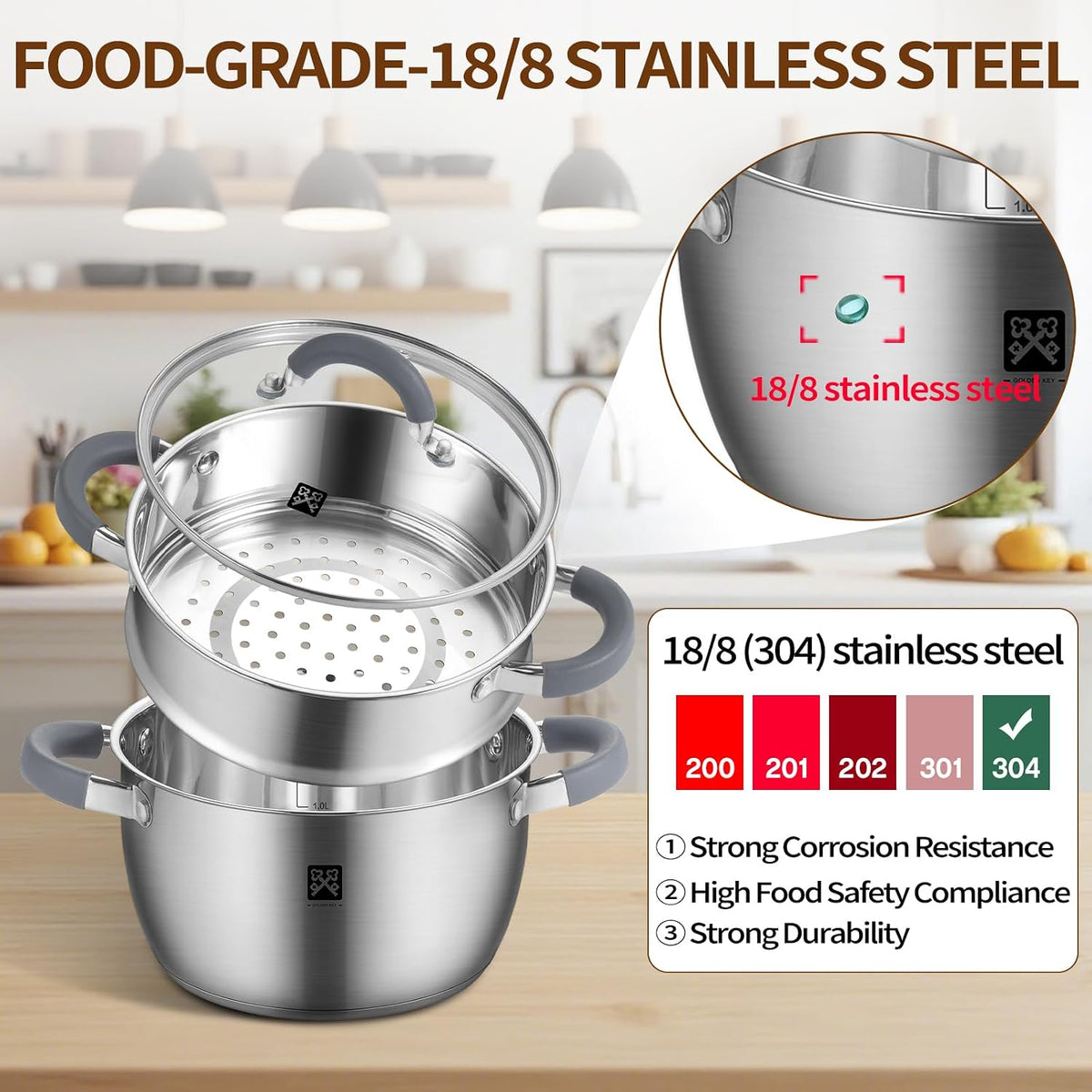 GOLDEN KEY 3.2 QT Steamer Pot With Lid - 2-Tier 18/8 Stainless Steel，Multipurpose Steaming Cookware with Vegetable Steam Basket, Oven & Dishwasher Safe, Triple Bottom for Even Heating, Perfect for Dumplings, Seafood and Vegetables