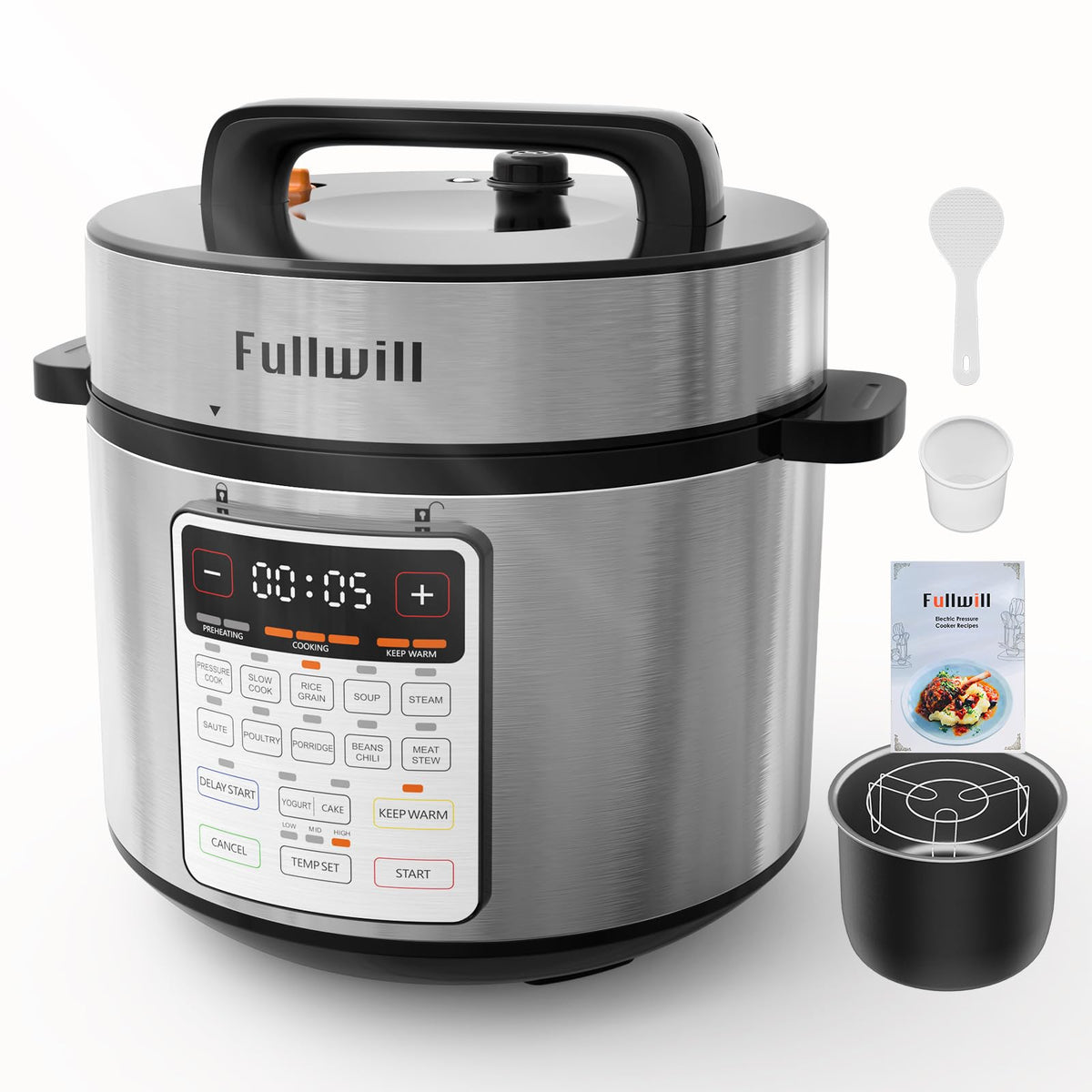 Fullwill Electric Pressure Cooker 6QT Dual Pots, 12 in 1 MultiFunction Cooker with 304 Stainless Steel & Ceramic Pots, Pressure Cook, Soup, Porridge, Yogurt, Meat Stew, Rice, Poultry, Beans and More
