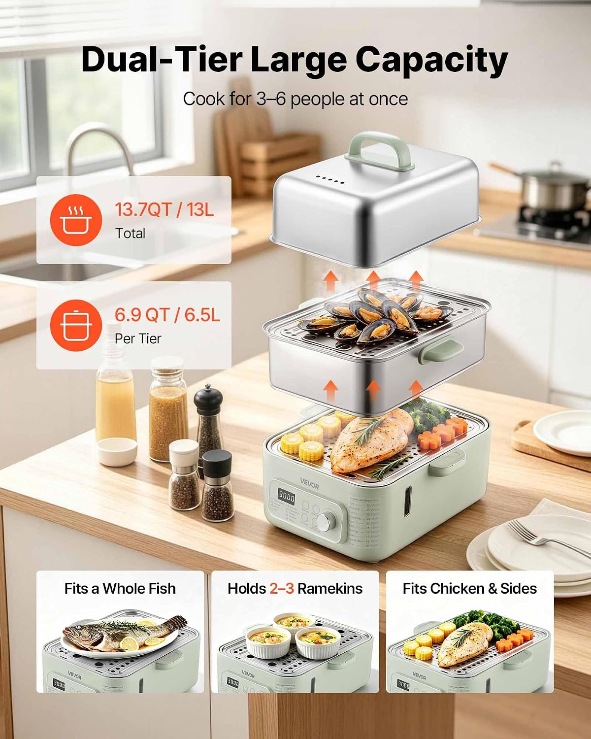 VEVOR Electric Food Steamer 13.7 QT 2-Tier Stainless Steel for 3-6 Servings, 1500W Vegetable & Meal Steamer for Cooking with 9 Pre-Programmed Settings, Keep Warm, for Veggies, Seafood & Rice, Green