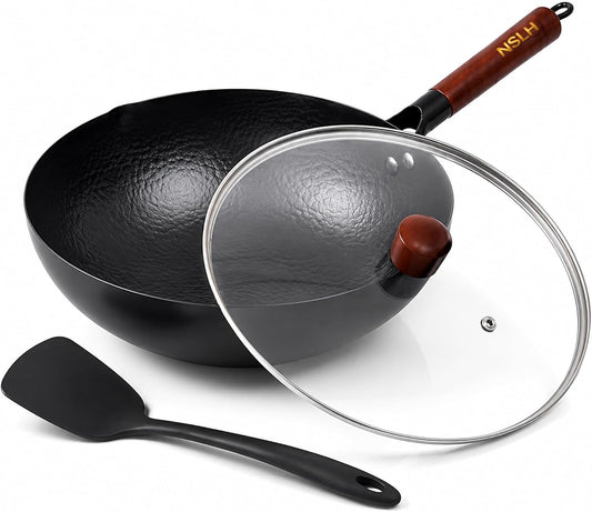 12.6 Inch Carbon Steel Wok Pan with Glass Cover, Pre-Seasoned Flat Bottom Wok for Chinese Cooking, Woks & Stir-Fry Pans Cookware, Compatible with Induction, Electric, Gas & Halogen