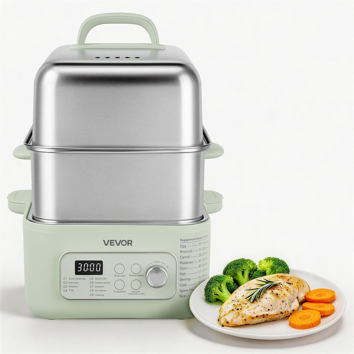 VEVOR Electric Food Steamer 13.7 QT 2-Tier Stainless Steel for 3-6 Servings, 1500W Vegetable & Meal Steamer for Cooking with 9 Pre-Programmed Settings, Keep Warm, for Veggies, Seafood & Rice, Green