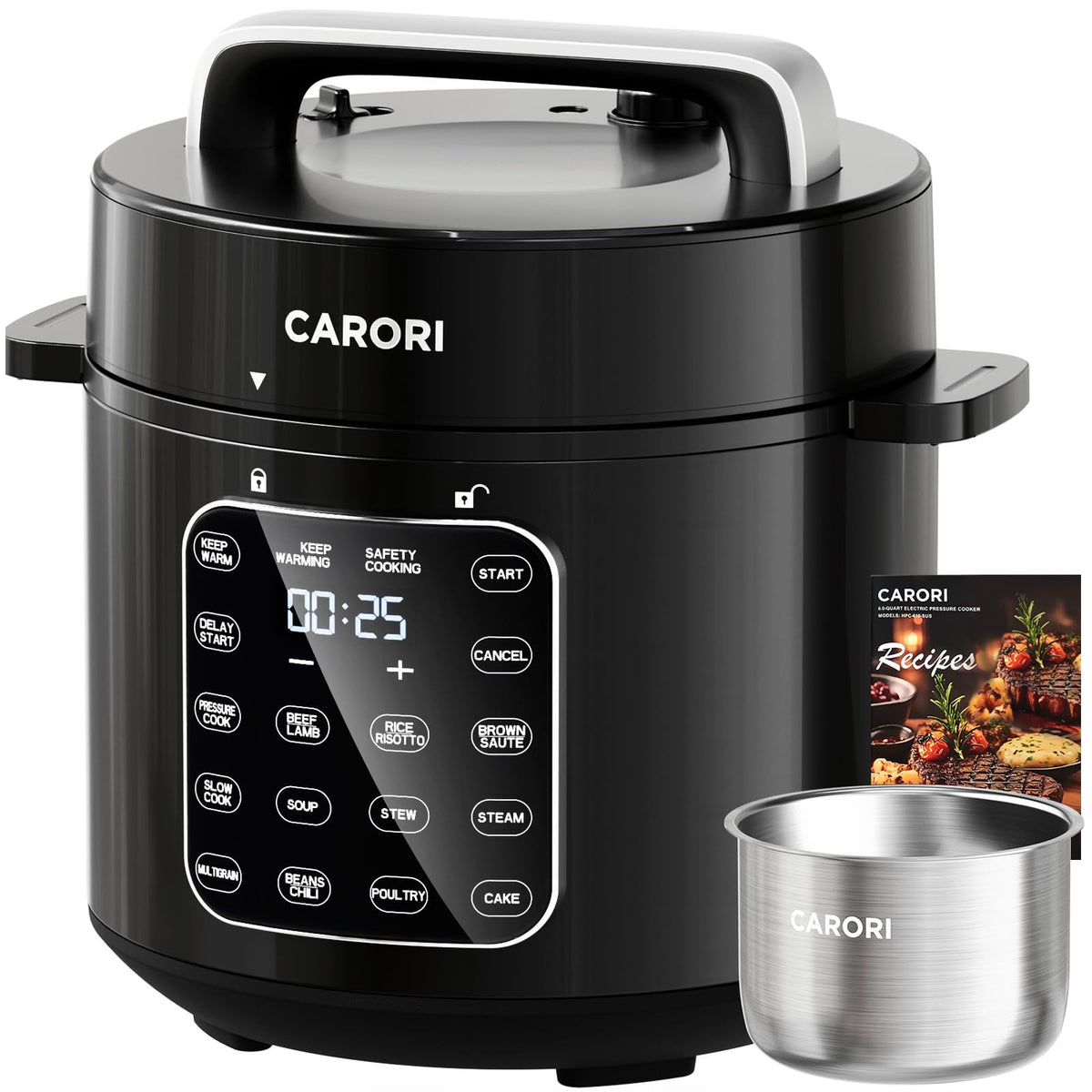 CARORI 3 Qt Electric Pressure Cooker, 8-in-1 Compact Multi-Cooker with Ceramic Nonstick Pot, 700W, Sauté, Slow Cook, Rice, Stew, Delay Start, Keep Warm, Gray