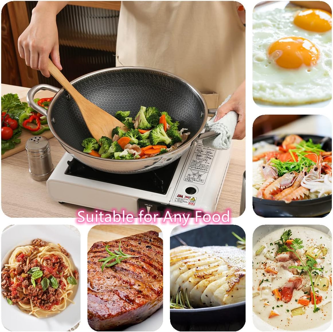 Hikaru 12.5” Wok Pan with Dual Honeycomb Wok Stainless Steel Wok Pan with Nonstick Coating, Frying Pans Cookware, Two Handles,Works with Induction ,Gas, Electric, Ceramic Furnace Stove, Without Lid